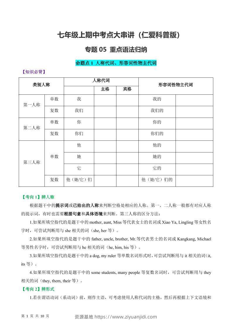 七年级上英语重点语法归纳-仁爱科普版-资源基地
