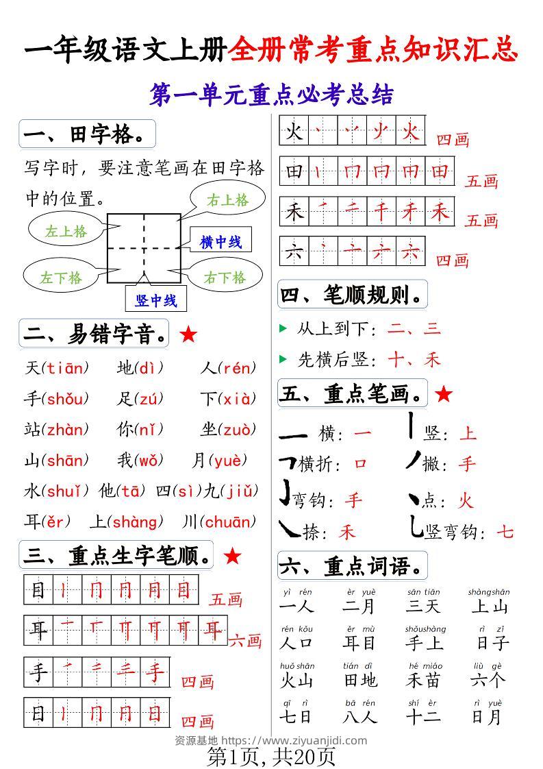一上语文全册常考重点知识汇总20页-资源基地