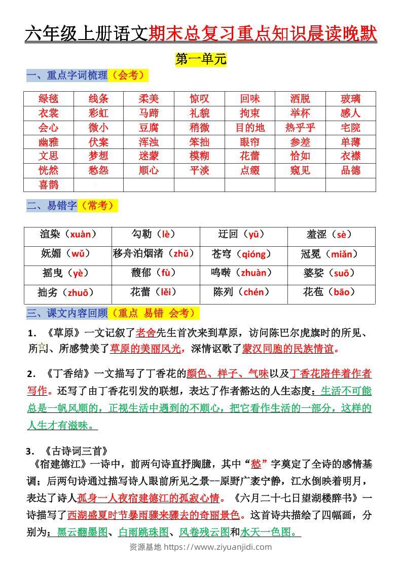 六上语文复习重点晨读单(16页)-资源基地