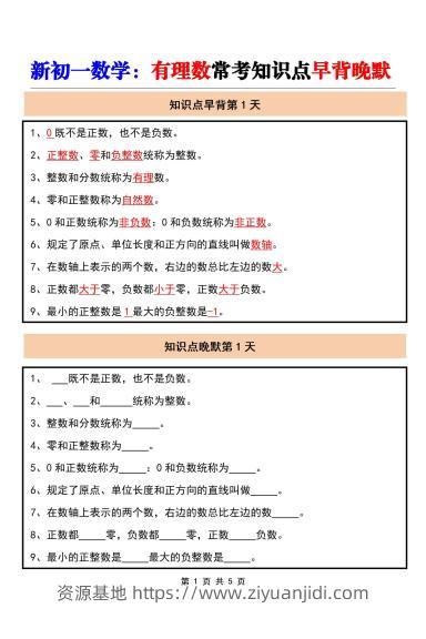 七年级上数学有理数常考知识点早背晚默（人教版）-资源基地