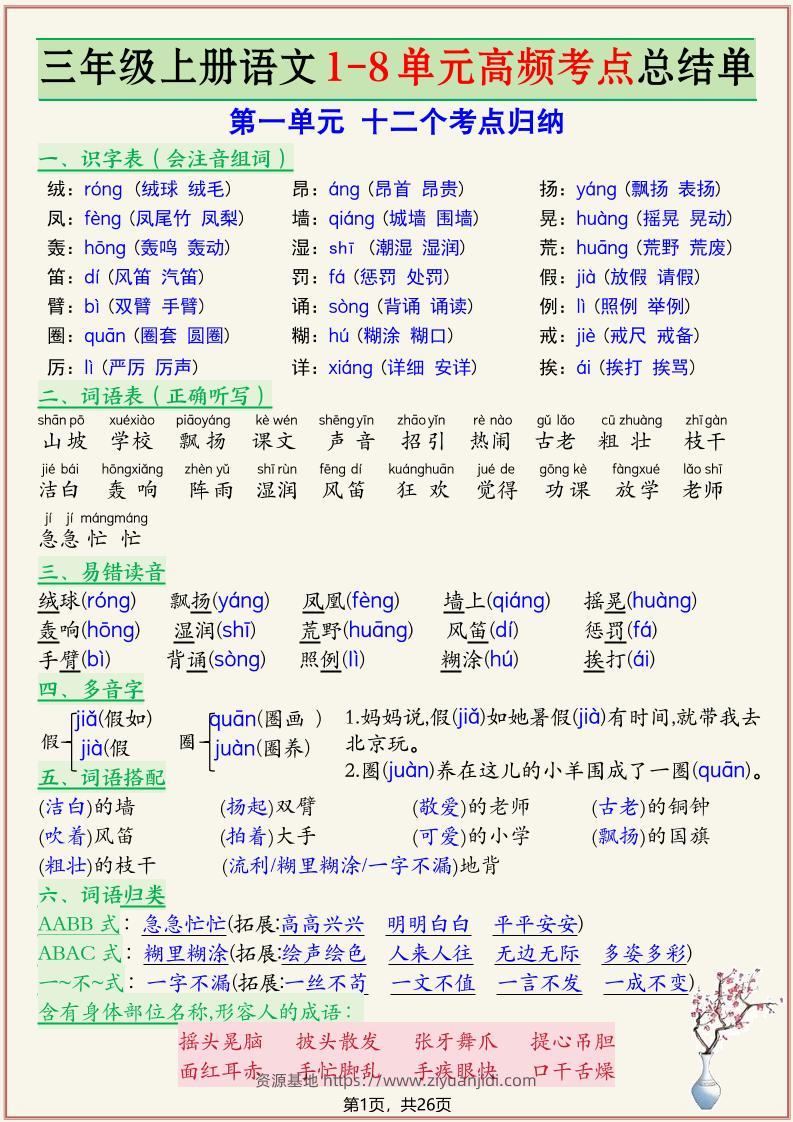 新三上语文复习1-8单元高频考点总结单（26页）-资源基地
