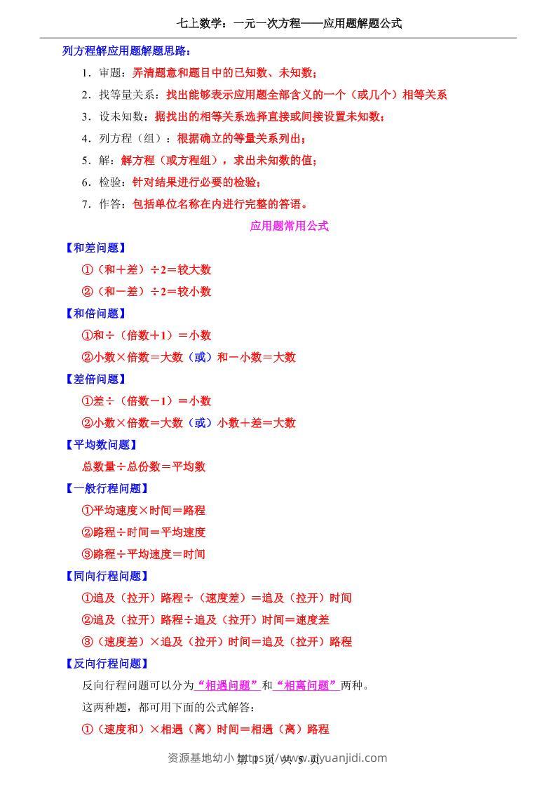 七年级上数学一元一次方程应用题解题公式（青岛版）-资源基地