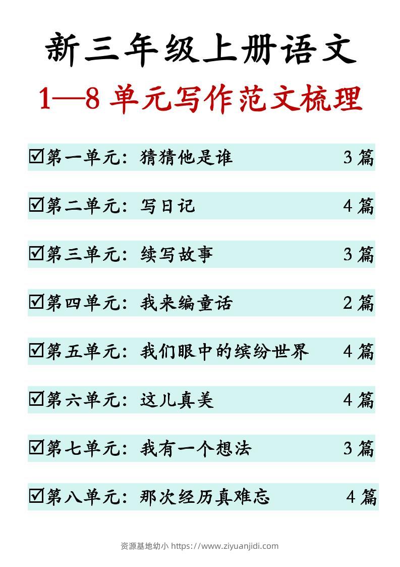 新三上语文1-8单元同步作文范文（27页）-资源基地
