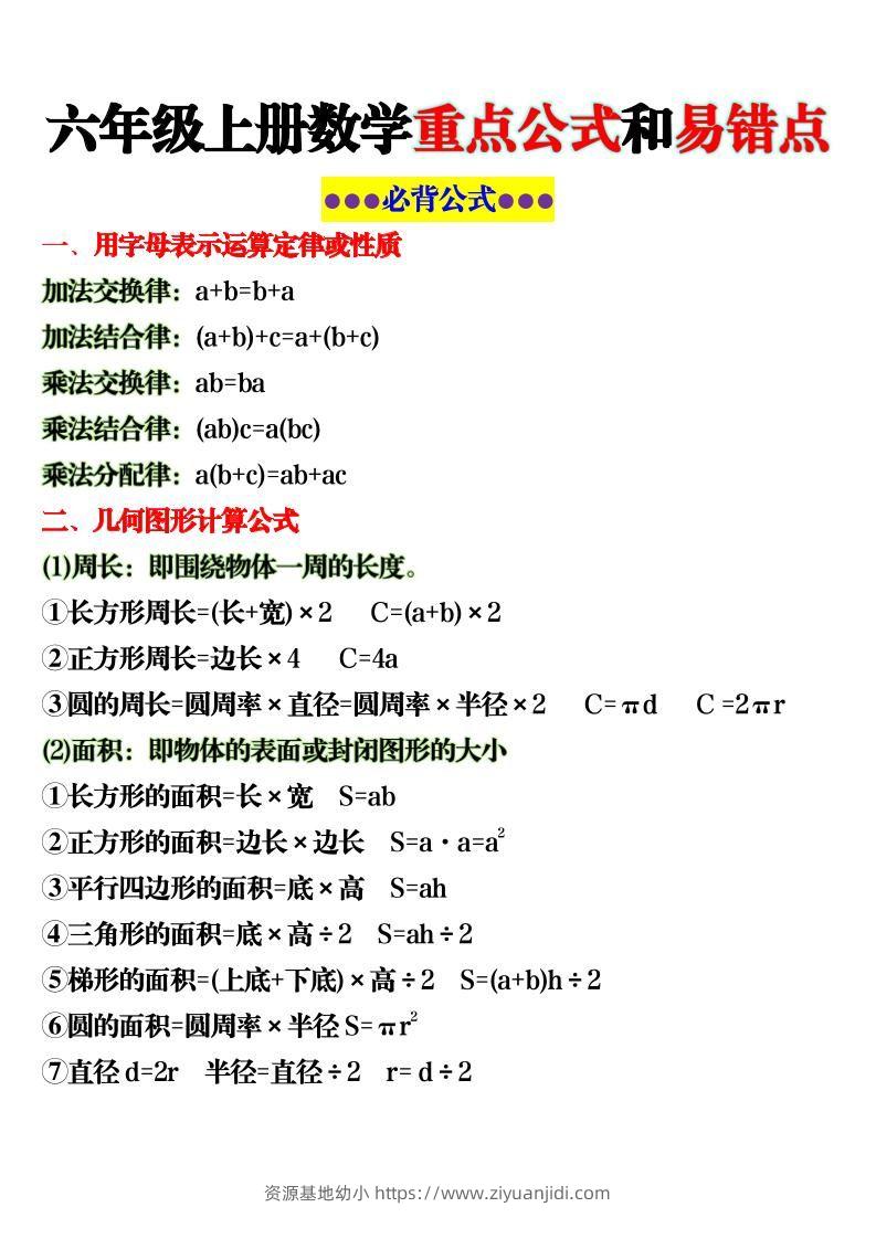 六上数学重点公式和易错点6页-资源基地