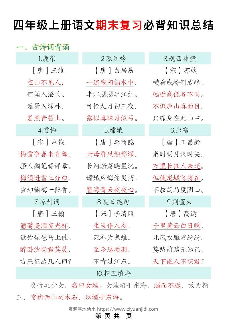 四年级上语文期末复习必背知识总结-资源基地