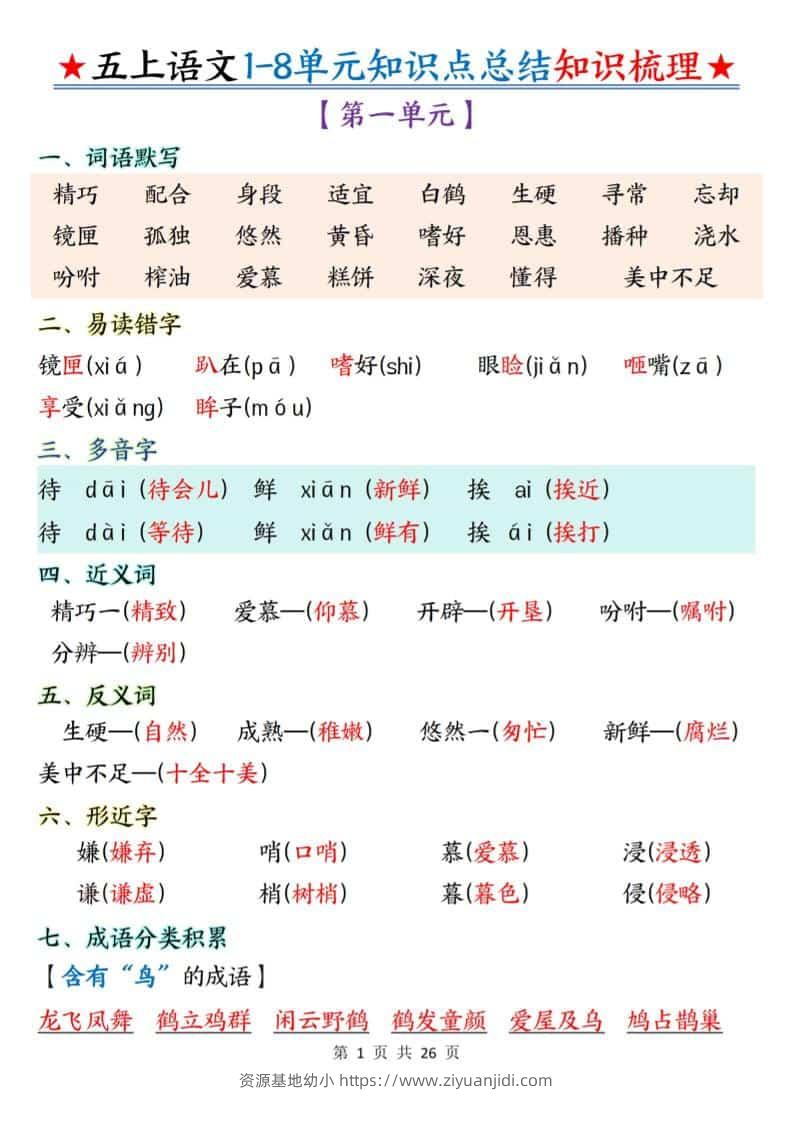 五年级上语文1-8单元知识点总结知识梳理-资源基地