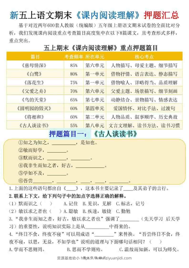 新五上语文期末《课内阅读理解》押题汇总-资源基地