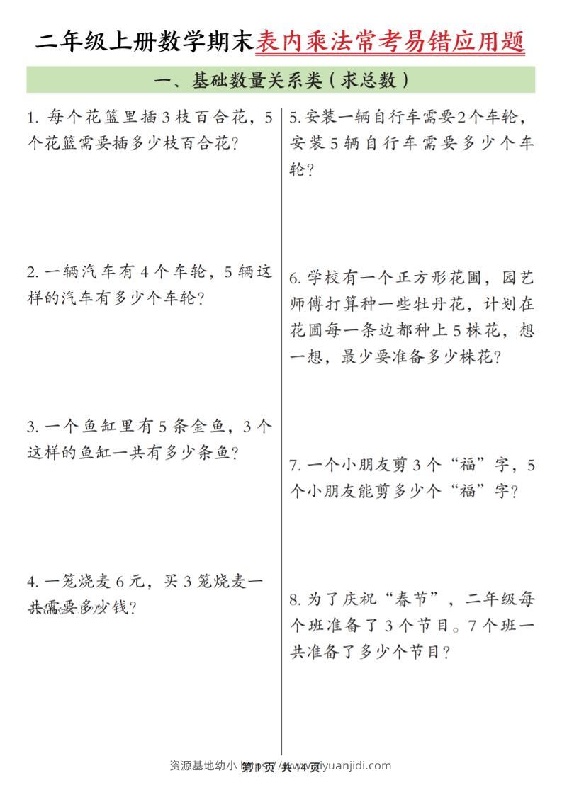 二年级上数学表内乘法常考易错题-资源基地