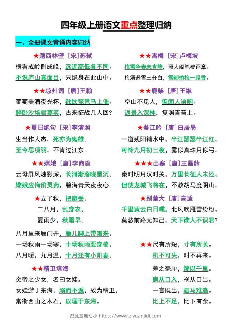 四年级上语文重点整理归纳-资源基地