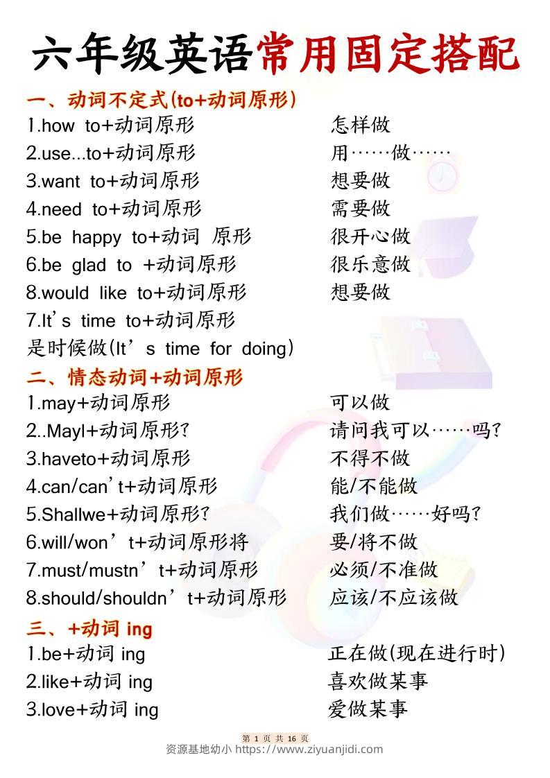 六年级上英语常用固定搭配-资源基地