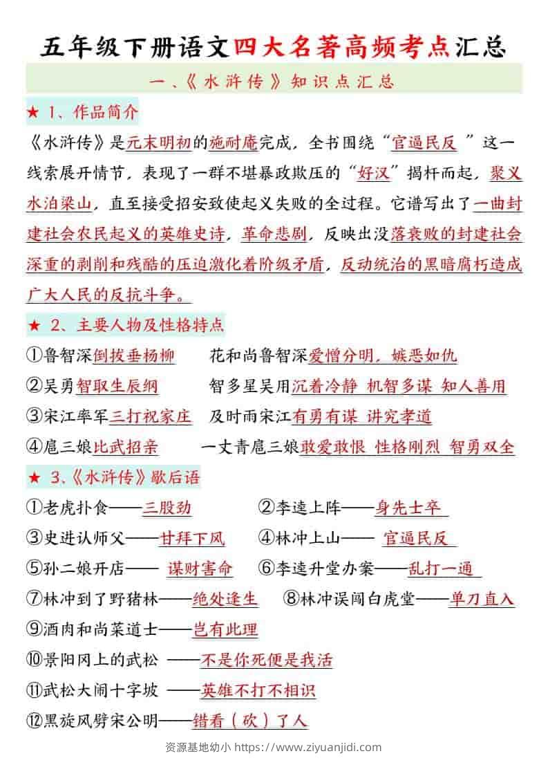 五年级下语文四大名著高频考点-资源基地
