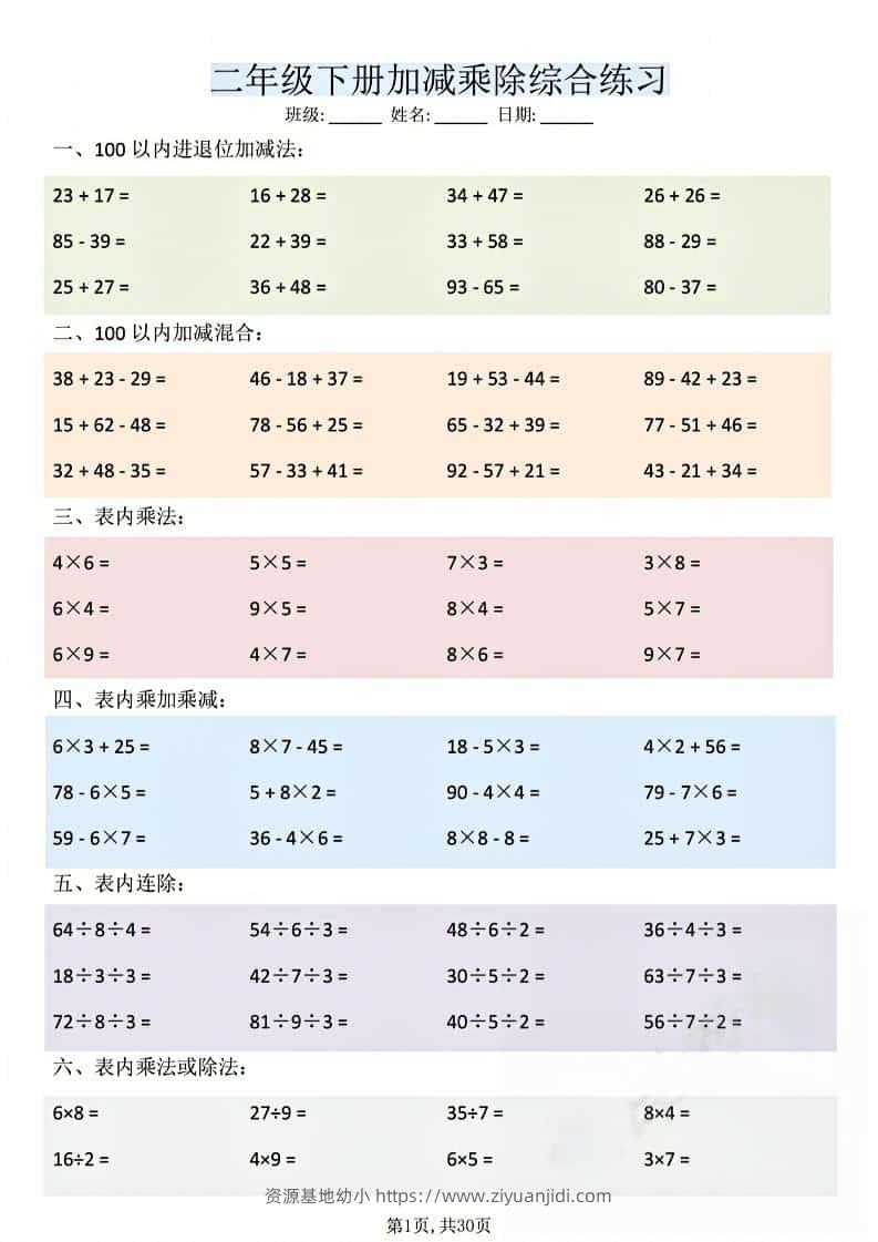二年级下数学加减乘除综合练习-资源基地