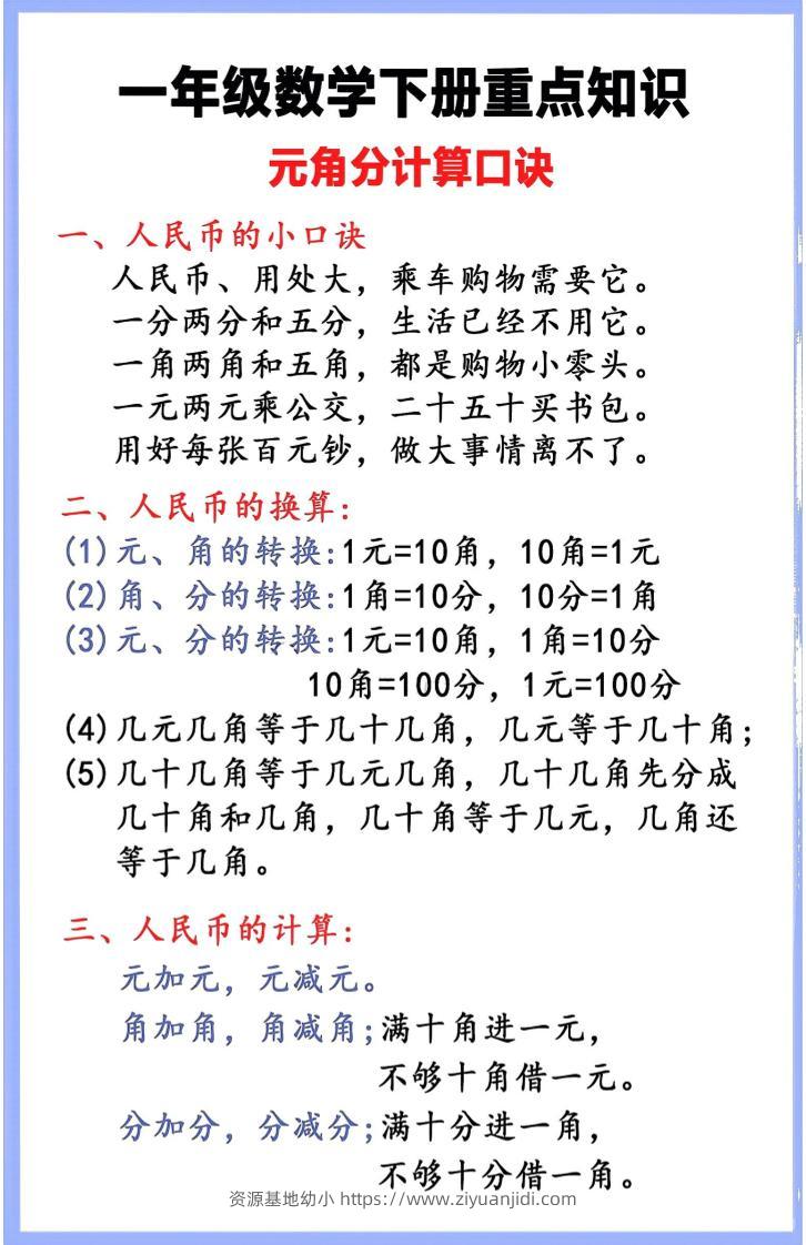 一年级下数学重点知识汇总-资源基地