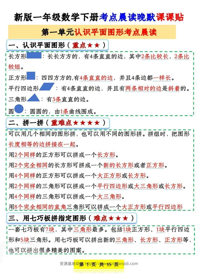 一年级下数学考点晨读晚默课课贴-资源基地
