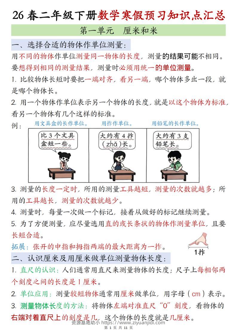 二年级下数学寒假预习知识点清单《苏教版》-资源基地