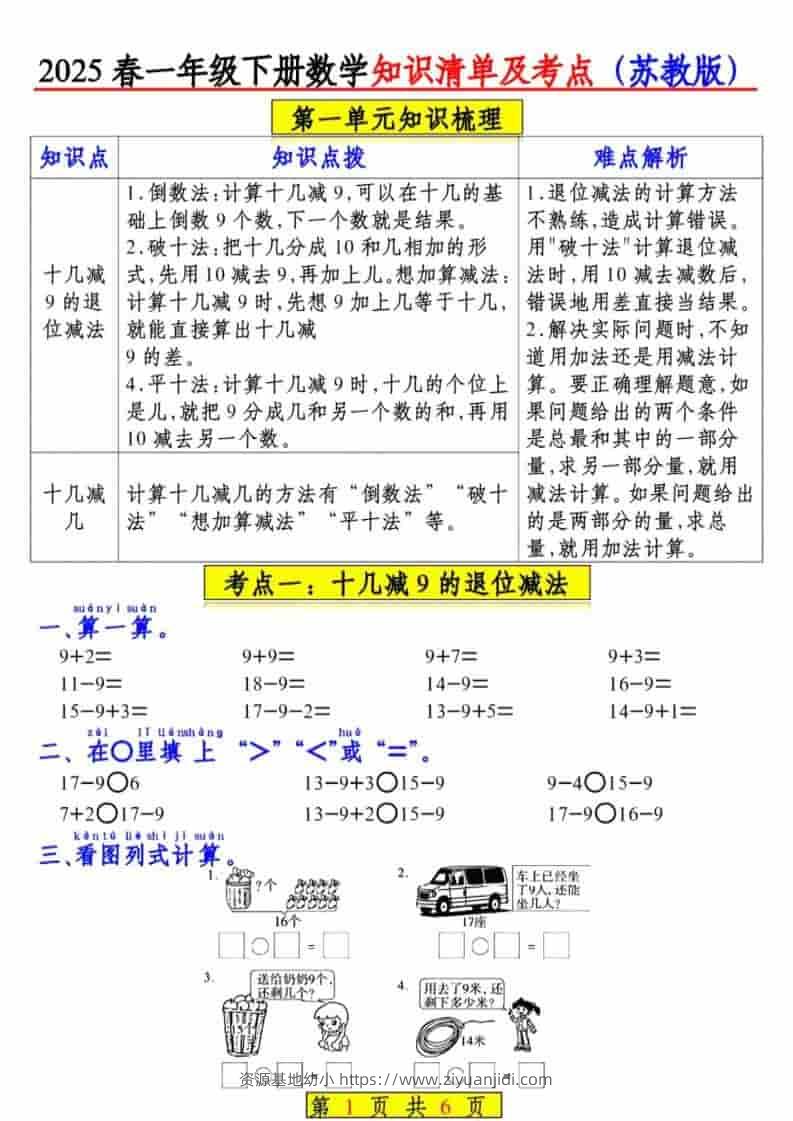 一年级下数学知识清单及考点《苏教版》（衔接版）-资源基地
