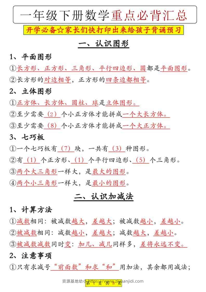一年级下数学重点必背汇总-资源基地