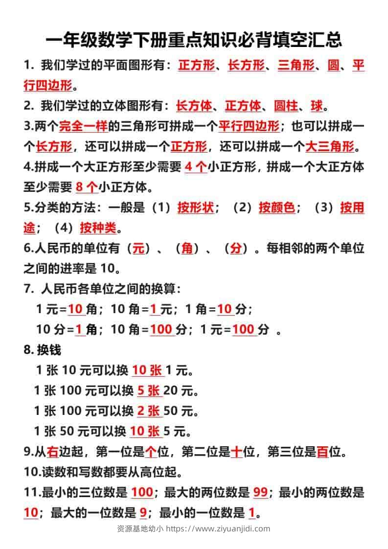 一年级下数学重点必背填空汇总-资源基地