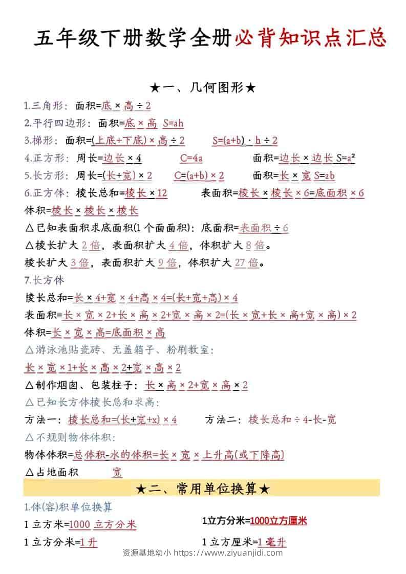 五年级下数学26春必背公式汇总-资源基地