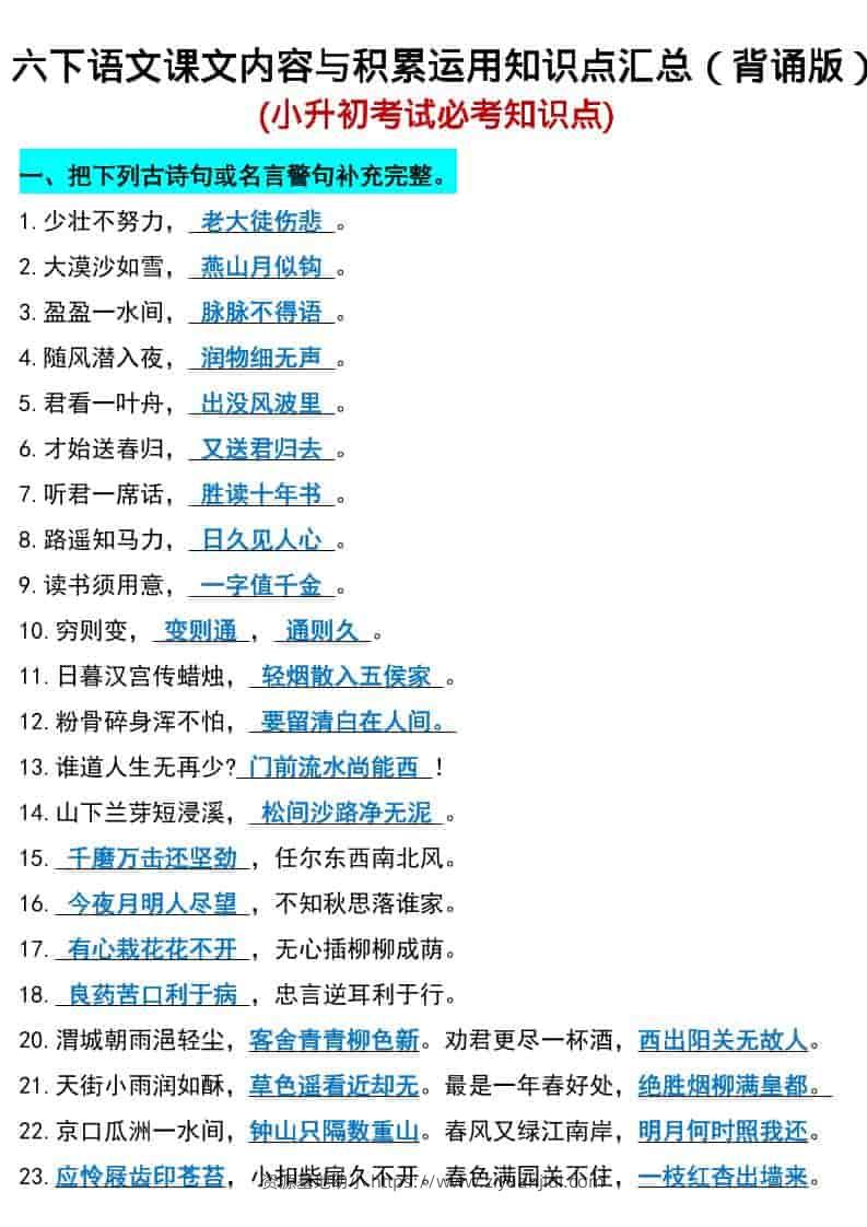 六年级下语文小升初期末必考知识点-资源基地