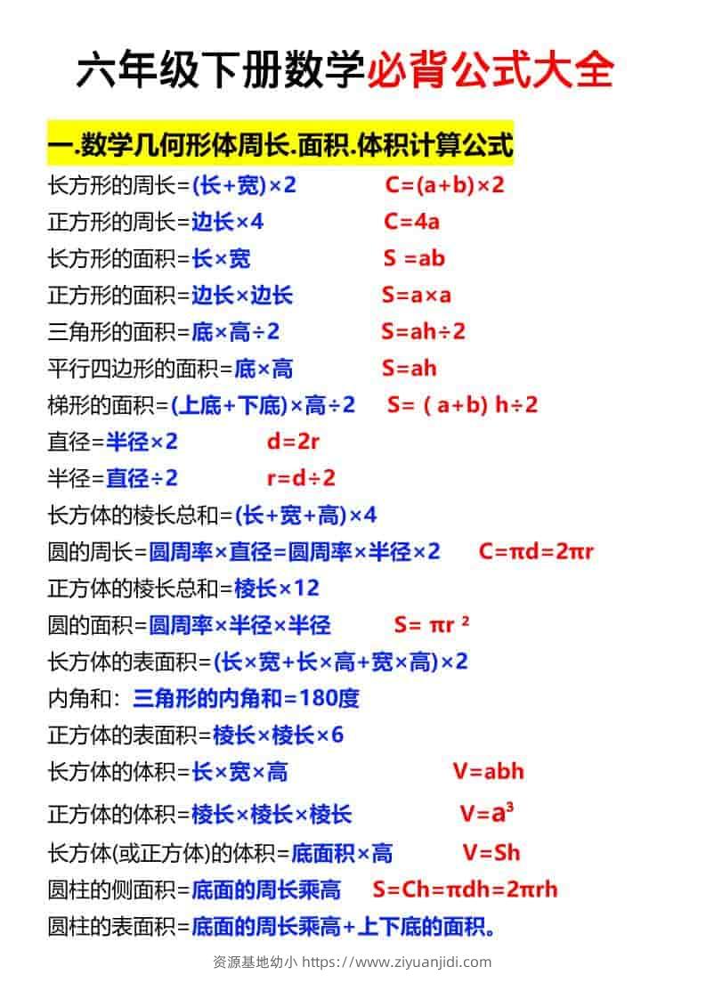 六年级下数学必背公式汇总-资源基地